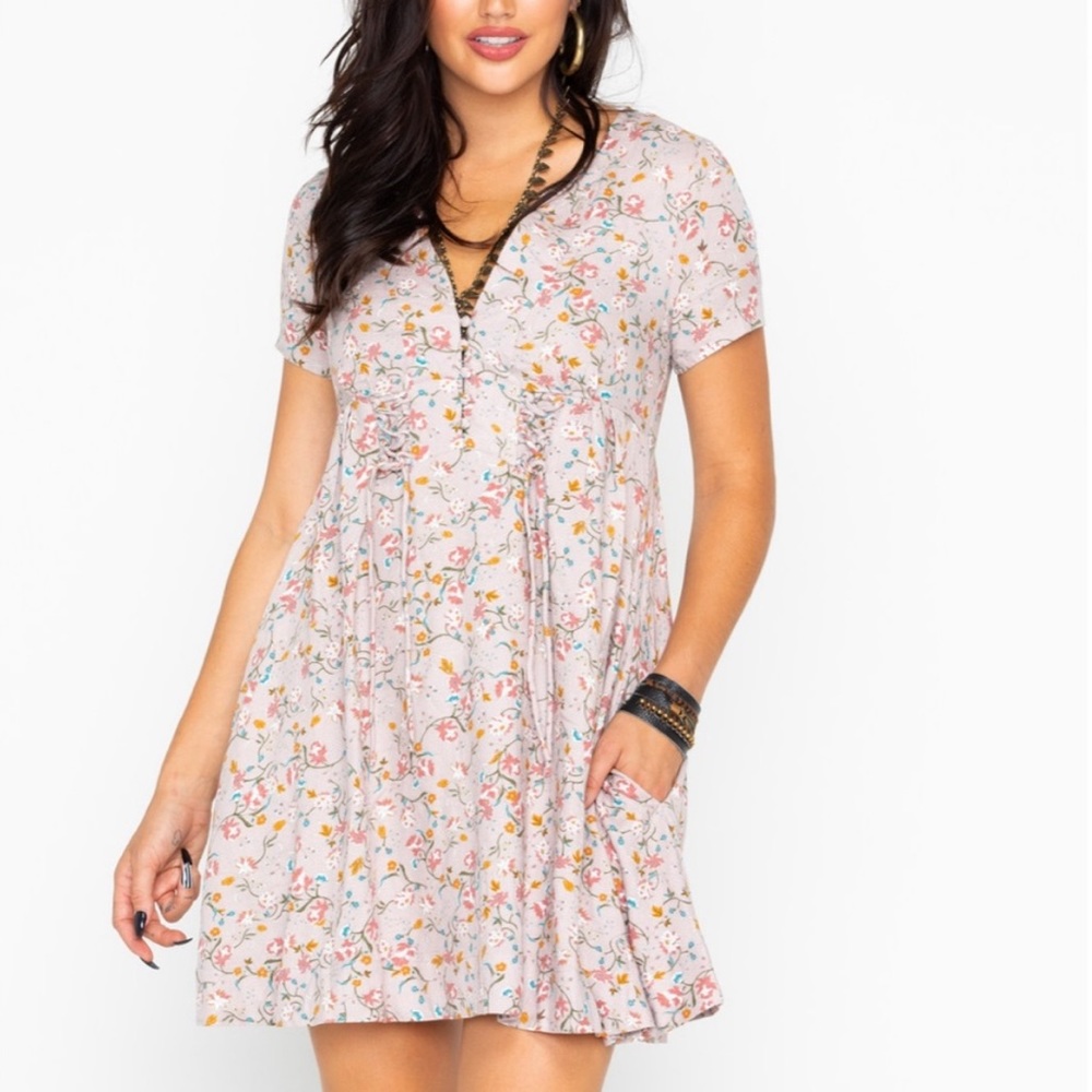 Floral V-Neck Short Sleeve Mini Dress - Pink Floral